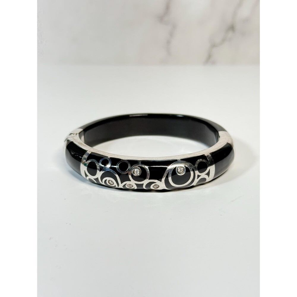Sterling Silver & Acrylic Bangle Bracelet Black Inlay Crystal Accent 925